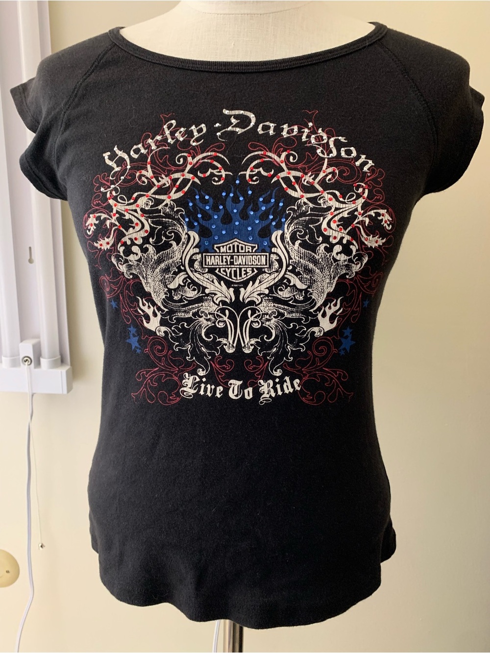 Harley-Davidson Black 'Live To Ride' Embellished Graphic Tee Large